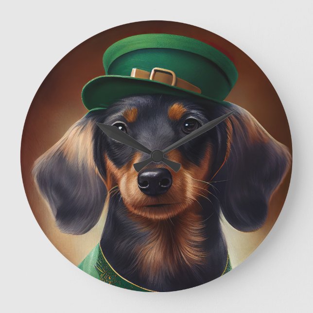 Dackel Hund in St. Patrick's Day Dress Große Wanduhr (Vorderseite)
