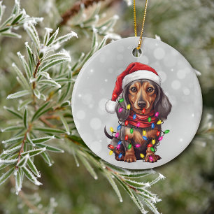 Dackel Hund in Weihnachtslicht ummantelt Keramik Ornament