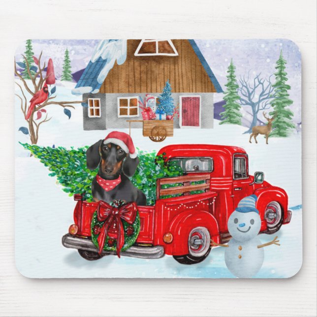Dackel Hund in Weihnachtslieferung LKW Schnee Mousepad (Vorne)