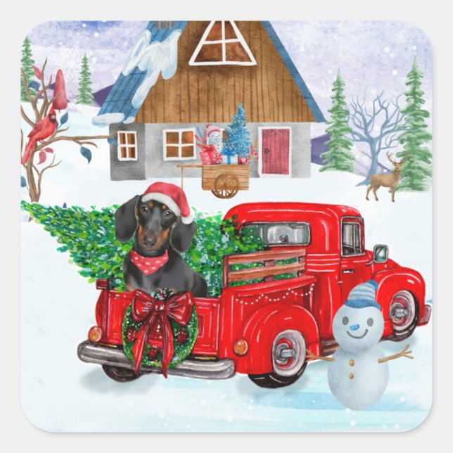 Dackel Hund in Weihnachtslieferung LKW Schnee Quadratischer Aufkleber (Vorderseite)