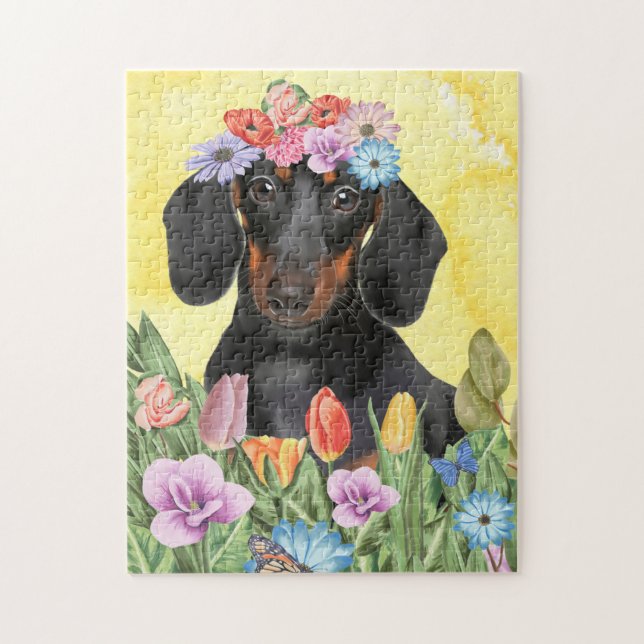 Dackel Hund mit Blume Frühjahr Puzzle (Vertikal)