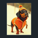 Dackel Hund mit Skiern verkleidet Postkarte<br><div class="desc">Dieser modische Hund wird mit seinem passenden Skisensemble und seiner Sonnenbrille ein Stern auf den Pisten sein.</div>