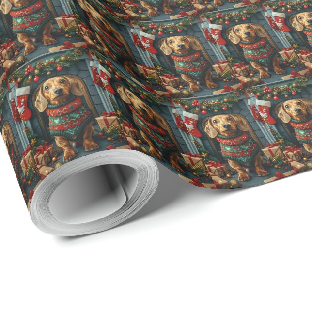 Dackel Hund mit Weihnachtsgeschenken Feuerplatz Geschenkpapier (Rolleneckpunkt)