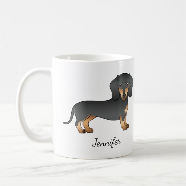 Dackel Hund & Name für schwarze und schwarze Maske Kaffeetasse (Links)