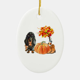 Dackel Hund Scarf Pumpkin Herbstleaves Fall Keramik Ornament