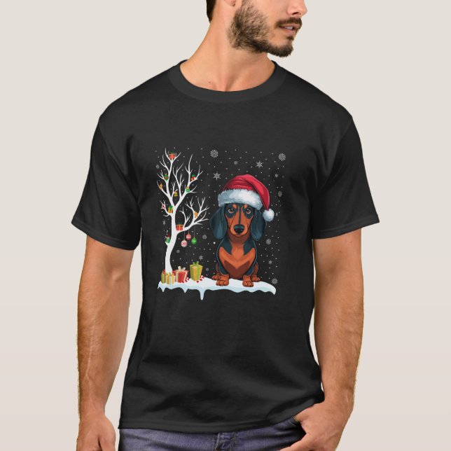 Dackel Hund Weihnachtsmannmütze Festlicher Baum We T-Shirt (Vorderseite)