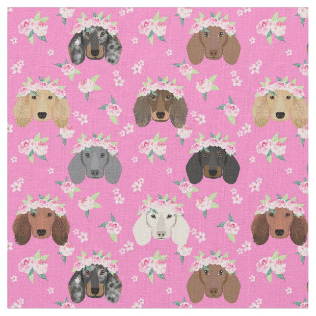 Dackel Hunde Blumenkronenrosa Stoff (Nahaufnahme)
