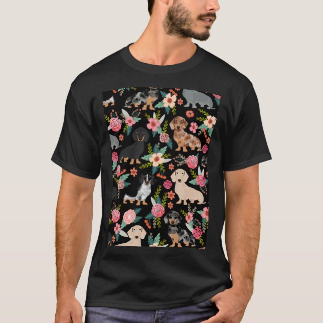 Dackel Hunde Kunst mit Blume T-Shirt (Vorderseite)