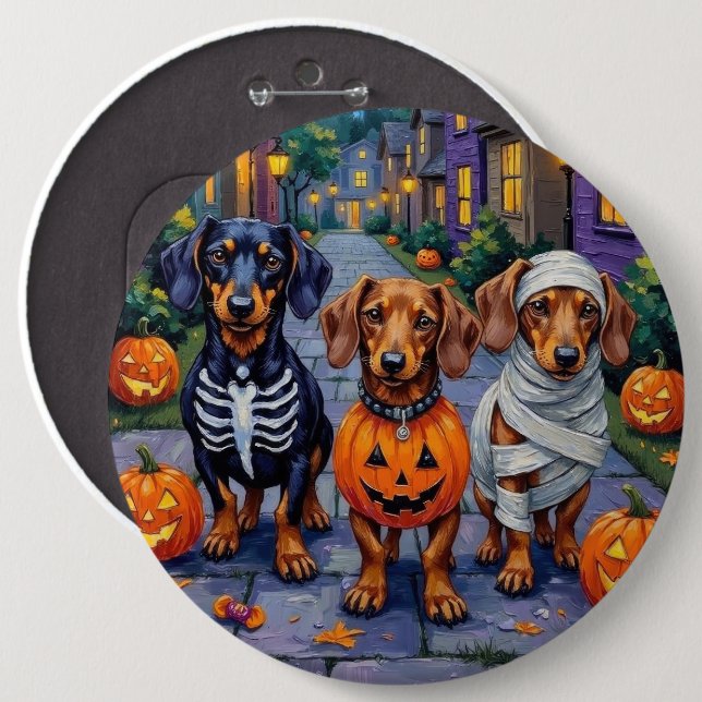Dackel Hunde Trick-or-Treating zu Halloween Button (Vorne & Hinten)