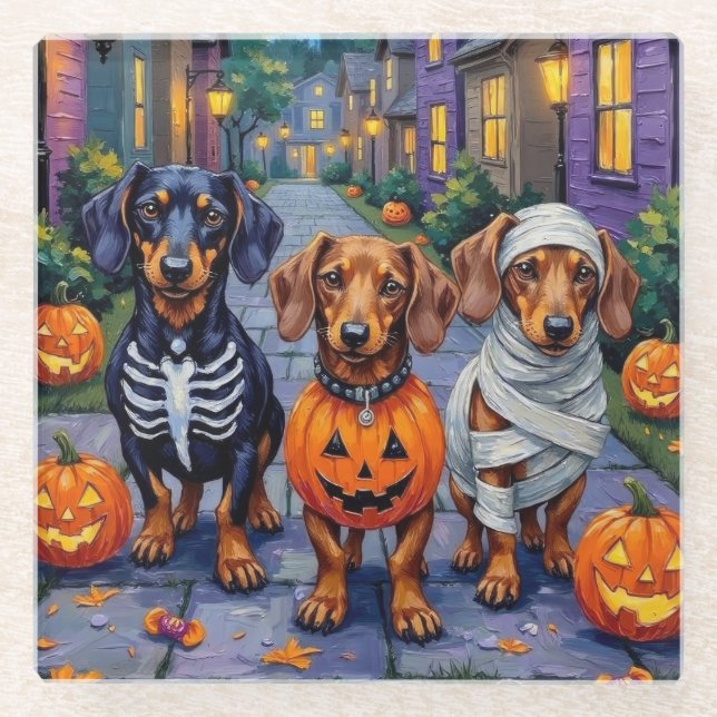 Dackel Hunde Trick-or-Treating zu Halloween Glasuntersetzer (Vorderseite)