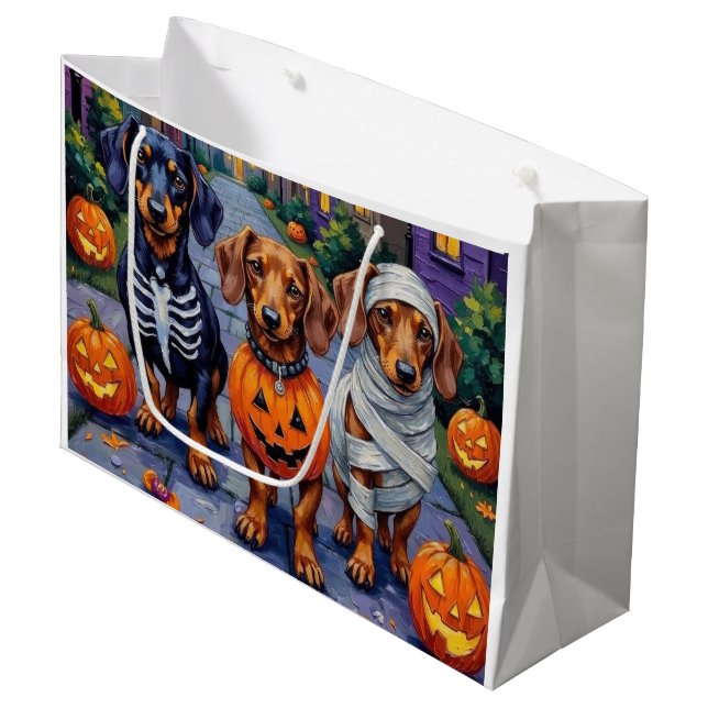 Dackel Hunde Trick-or-Treating zu Halloween Große Geschenktüte (Vorderseite Schrägansicht)