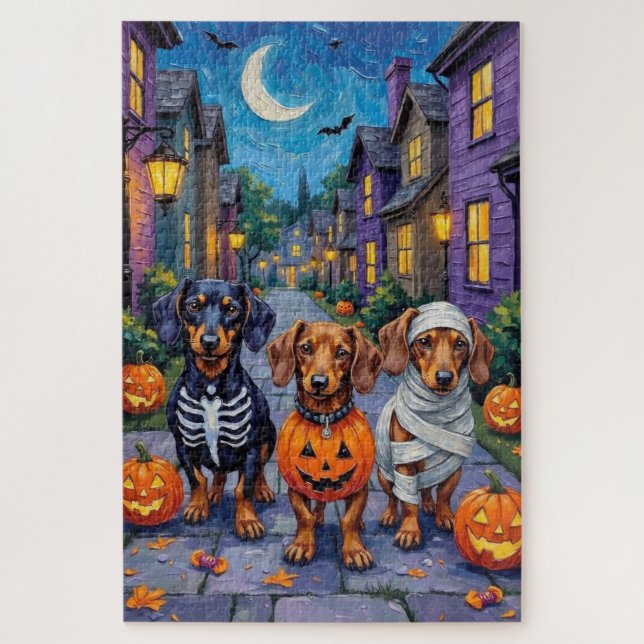 Dackel Hunde Trick-or-Treating zu Halloween Puzzle (Vertikal)