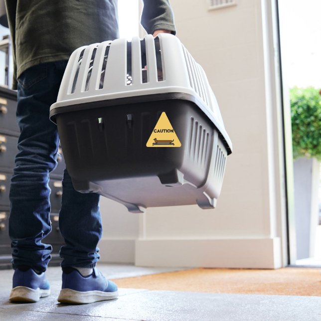 Dackel-Hundeschlitten auf der Skateboard Dreieckiger Aufkleber (A dachshund sticker on a dog crate)