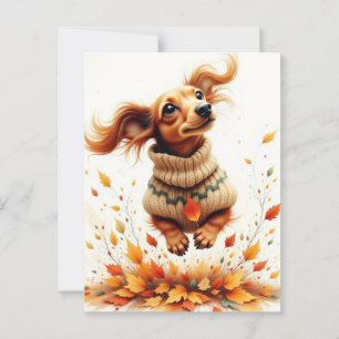 Dackel im Herbstlaub Postkarte