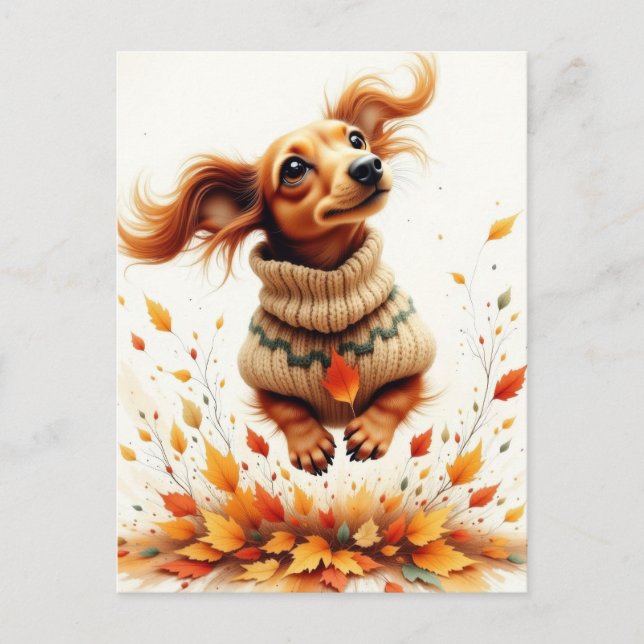 Dackel im Herbstlaub Postkarte (Vorderseite)