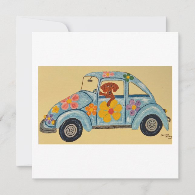 Dackel im Hippie-Auto Dankeskarte (Vorderseite)