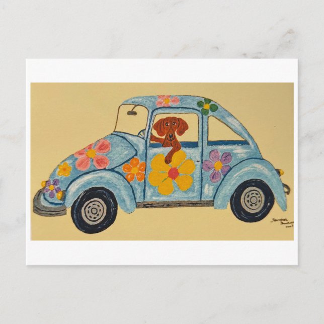Dackel im Hippie-Auto Postkarte (Vorderseite)