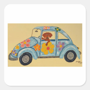 Dackel im Hippie-Auto Quadratischer Aufkleber