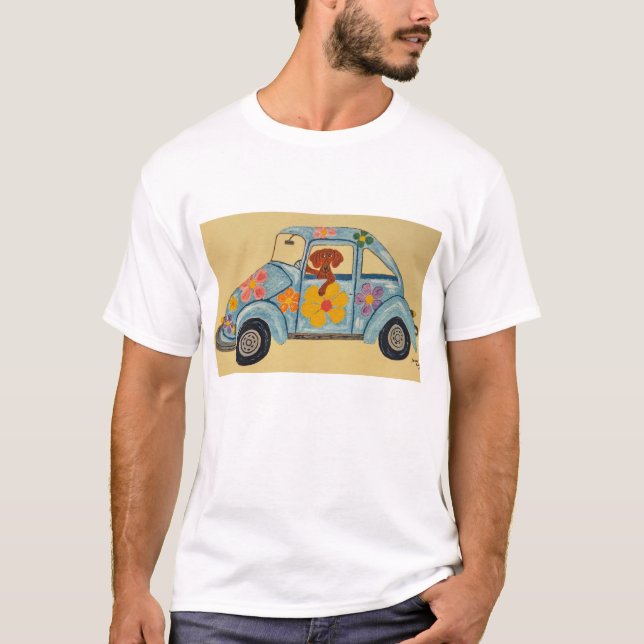 Dackel im Hippie-Auto T-Shirt (Vorderseite)