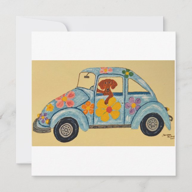 Dackel im Hippieauto Einladung (Vorderseite)