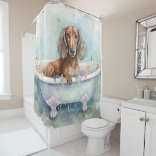 Dackel in der Badewanne Wasserfarben Kunst Duschvorhang
