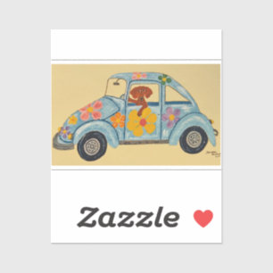 Dackel in Hippie-Auto Aufkleber
