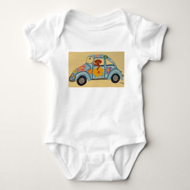 Dackel in Hippie-Auto Baby Strampler (Vorderseite)