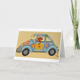 Dackel in Hippie-Auto Karte