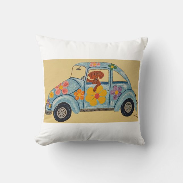 Dackel in Hippie-Auto Kissen (Vorderseite)
