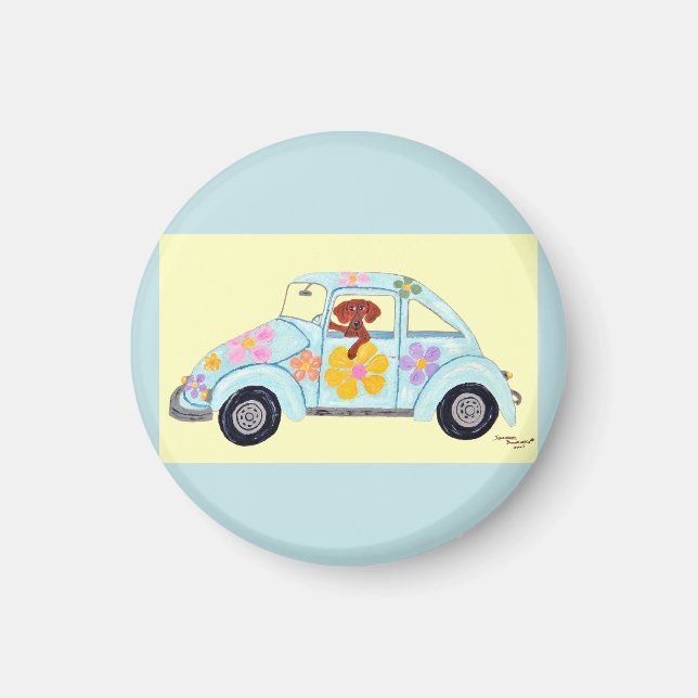 Dackel in Hippie-Auto  Magnet (Vorne)