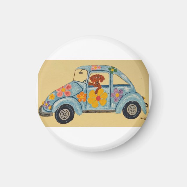 Dackel in Hippie-Auto Magnet (Vorne)