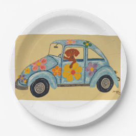 Dackel in Hippie-Auto Pappteller