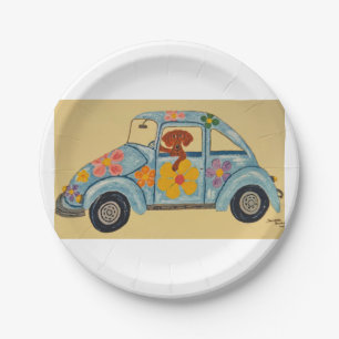 Dackel in Hippie-Auto Pappteller