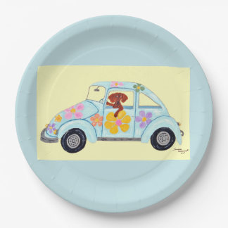Dackel in Hippie-Auto Pappteller