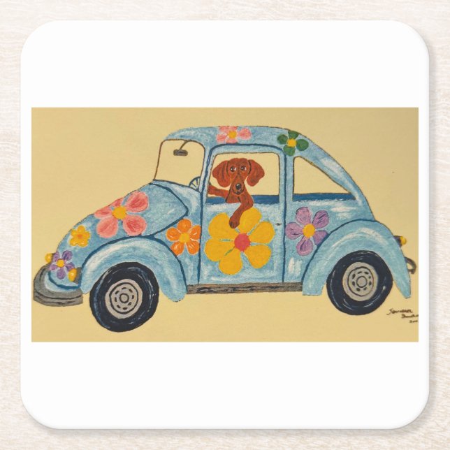 Dackel in Hippie-Auto  Rechteckiger Pappuntersetzer (Vorderseite)