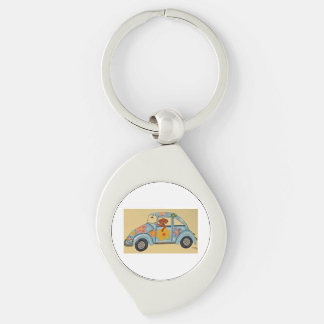 Dackel in Hippie-Auto Schlüsselanhänger (Vorderseite)