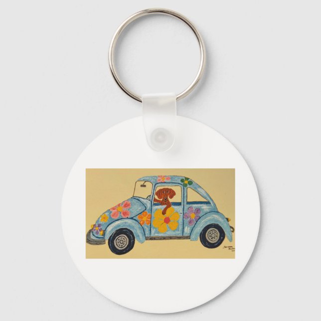 Dackel in Hippie-Auto Schlüsselanhänger (Vorderseite)