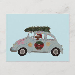 Dackel in Hippie-Auto zu Weihnachten Postkarte