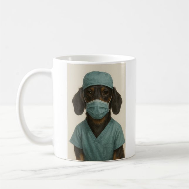 Dackel in OP-Kleidung Kaffeetasse (Links)