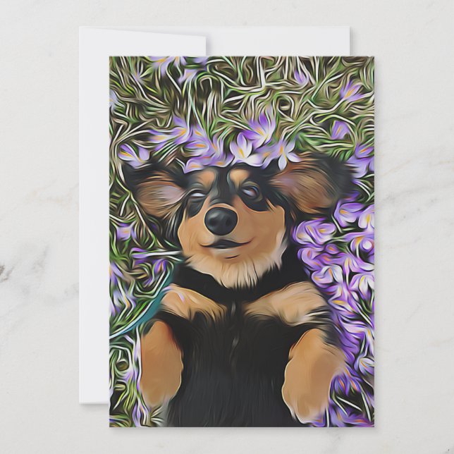 Dackel in violetten Blumen Einladung (Vorderseite)
