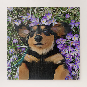 Dackel in violetten Blumen Puzzle