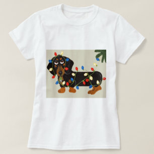 Dackel in Weihnachtslichtern verheddert Schwarz/Br T-Shirt