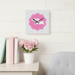 Dackel Kinderzimmer-Uhr für die Dackel in Rosa und Quadratische Wanduhr