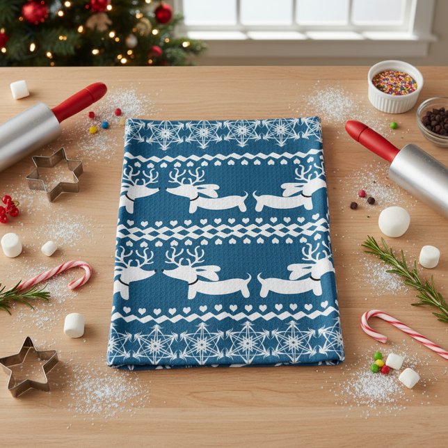 Dackel Küche Weihnachtsgeschenk oder Dekoration Kü Geschirrtuch (Blue reindeer dachshund kitchen dish towel for Christmas gifting)