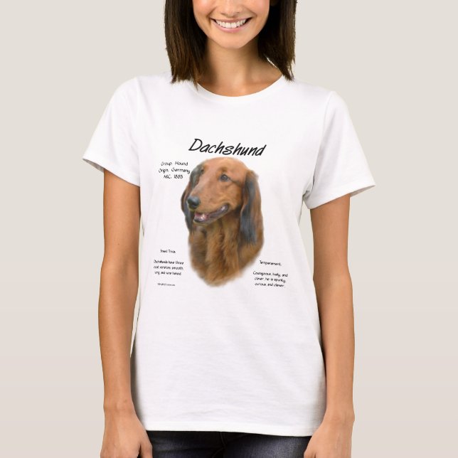 Dackel (Langhaar) Geschichtsdesign T-Shirt (Vorderseite)