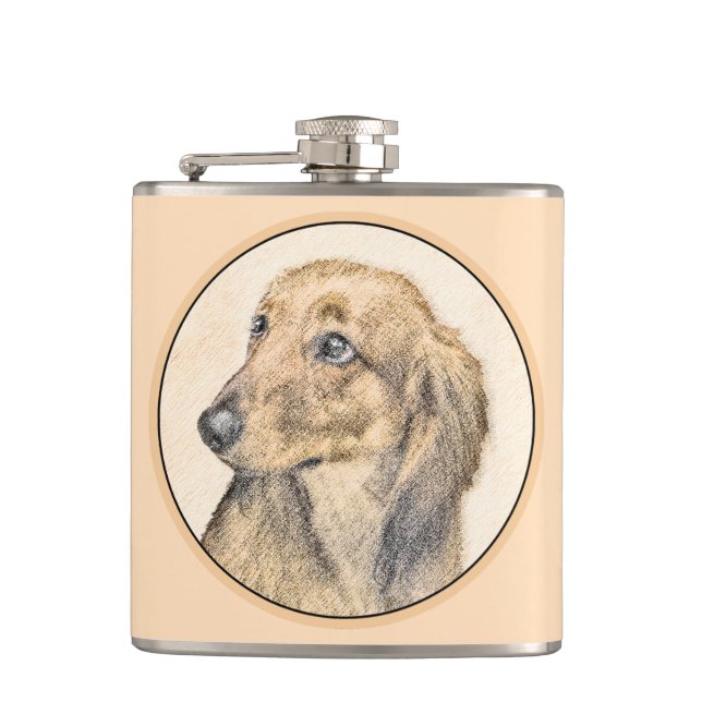 Dackel (langhaarige Malerei) - Originale Hundekuns Flachmann (Vorderseite)