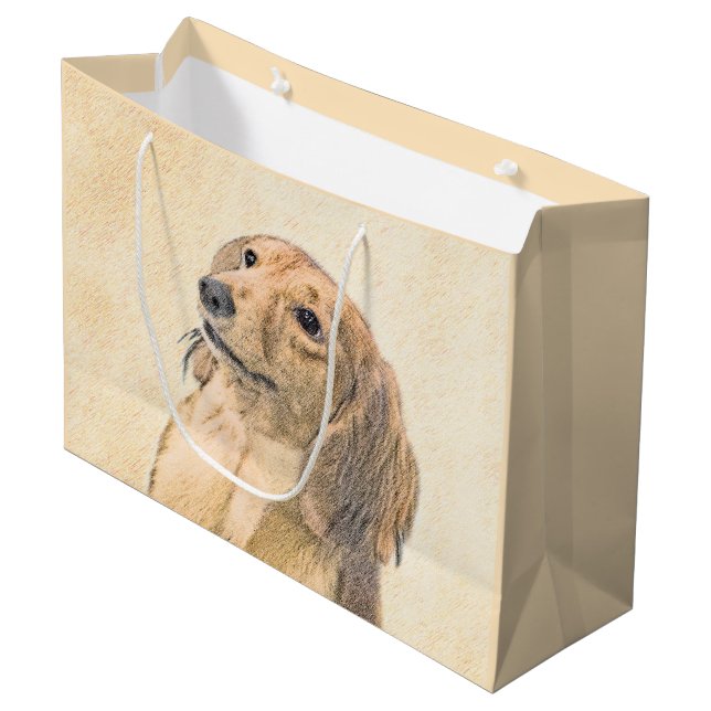 Dackel (langhaarige Malerei) - Originale Hundekuns Große Geschenktüte (Vorderseite Schrägansicht)