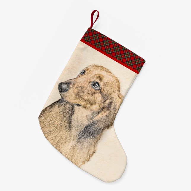 Dackel (langhaarige Malerei) - Originale Hundekuns Kleiner Weihnachtsstrumpf (Vorderansicht (hängend))