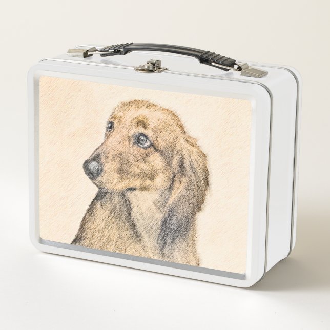 Dackel (langhaarige Malerei) - Originale Hundekuns Metall Brotdose (Vorderseite)