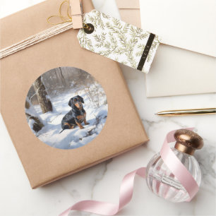 Dackel lässt es Weihnachten schneien Runder Aufkleber